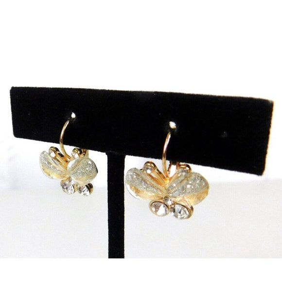 Lever Back Butterfly Earrings Glitter Rhinestones Gold Tone Backing - Picture 4 of 7